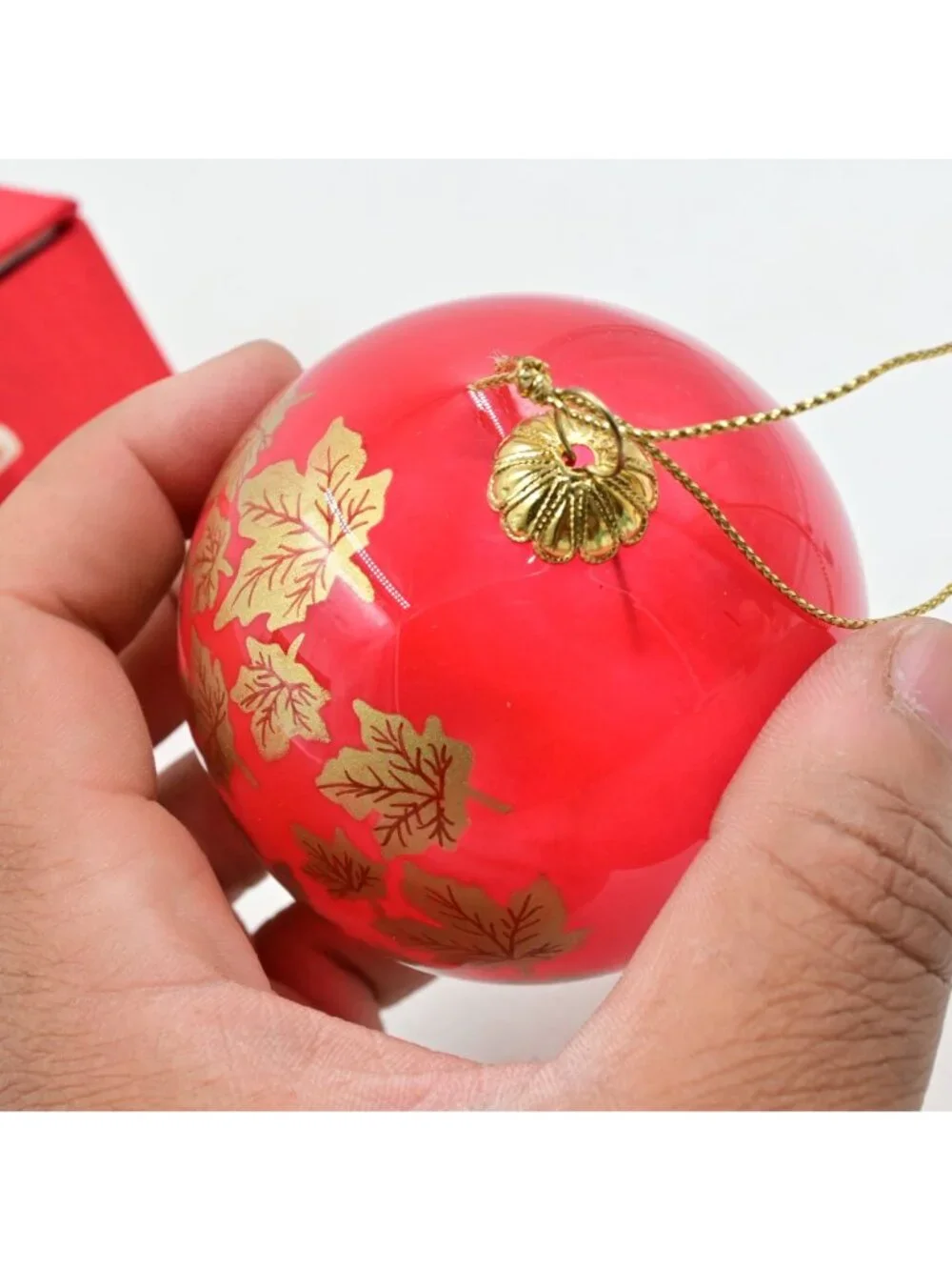 Reversed Painted Gold Stencil Autumn Leaves Red Glass Christmas Ornament w/ Box